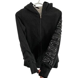Y2K Vtg Sherpa Lined Zip Up Hoodie Charcoal Gray Applique Sleeve LOVE Cozy Indie